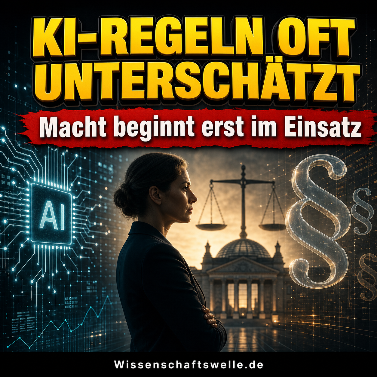 Porträt einer nachdenklichen Person vor leuchtenden KI-Schaltkreisen und Paragraphenlinien, darüber die Headline zur KI-Regulierung im Wissenschaftswelle-Stil.
