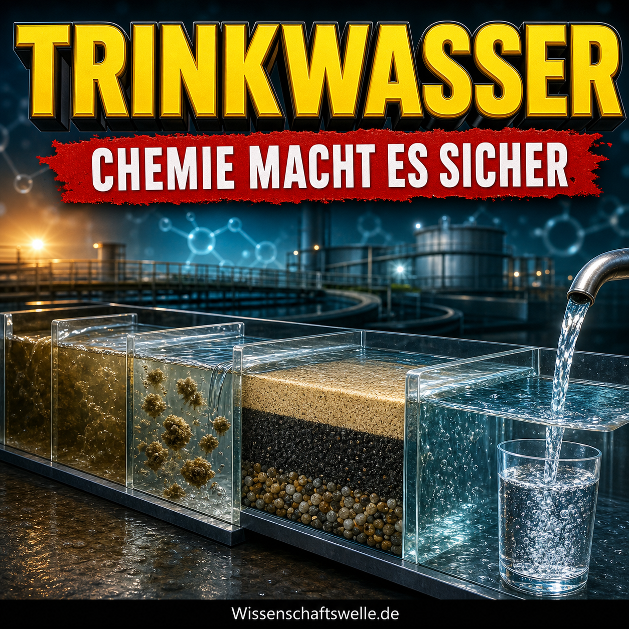 Dramatisch inszenierte Wasseraufbereitung: trübes Rohwasser durchläuft Flockung und ein mehrschichtiges Filterbett, bevor rechts klares Trinkwasser in ein Glas fließt.