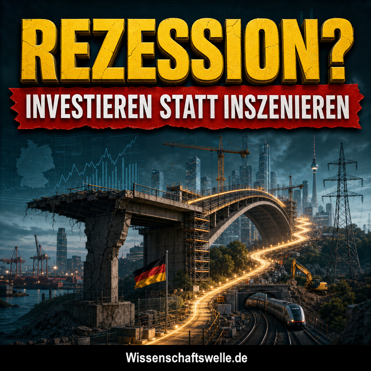 Quadratisches Cover mit der gelben Überschrift „REZESSION?“, dem roten Banner „INVESTIEREN STATT INSZENIEREN“ sowie einer halb zerstörten, im Bau befindlichen Brücke, Kränen, Bahntrasse und deutscher Stadtsilhouette als Bild für wirtschaftliche Erneuerung.