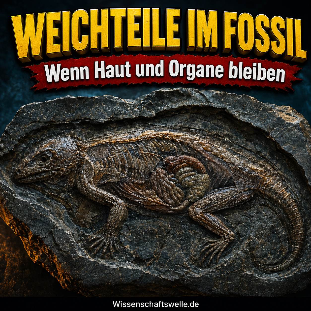 Quadratisches Cover mit der Überschrift „Weichteile im Fossil“, einem roten Banner „Wenn Haut und Organe bleiben“ und einer aufgespaltenen dunklen Gesteinsplatte, in der ein urzeitliches Wirbeltier mit fossilisierten Haut- und Weichteilstrukturen sichtbar wird.
