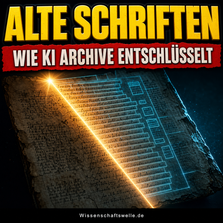 Wissenschaftswelle-Cover mit der gelben Überschrift Alte Schriften, rotem Banner Wie KI Archive entschlüsselt und einer historischen Manuskriptseite, die von einem diagonalen Lichtstrahl und blauen Erkennungsrahmen digital segmentiert wird.