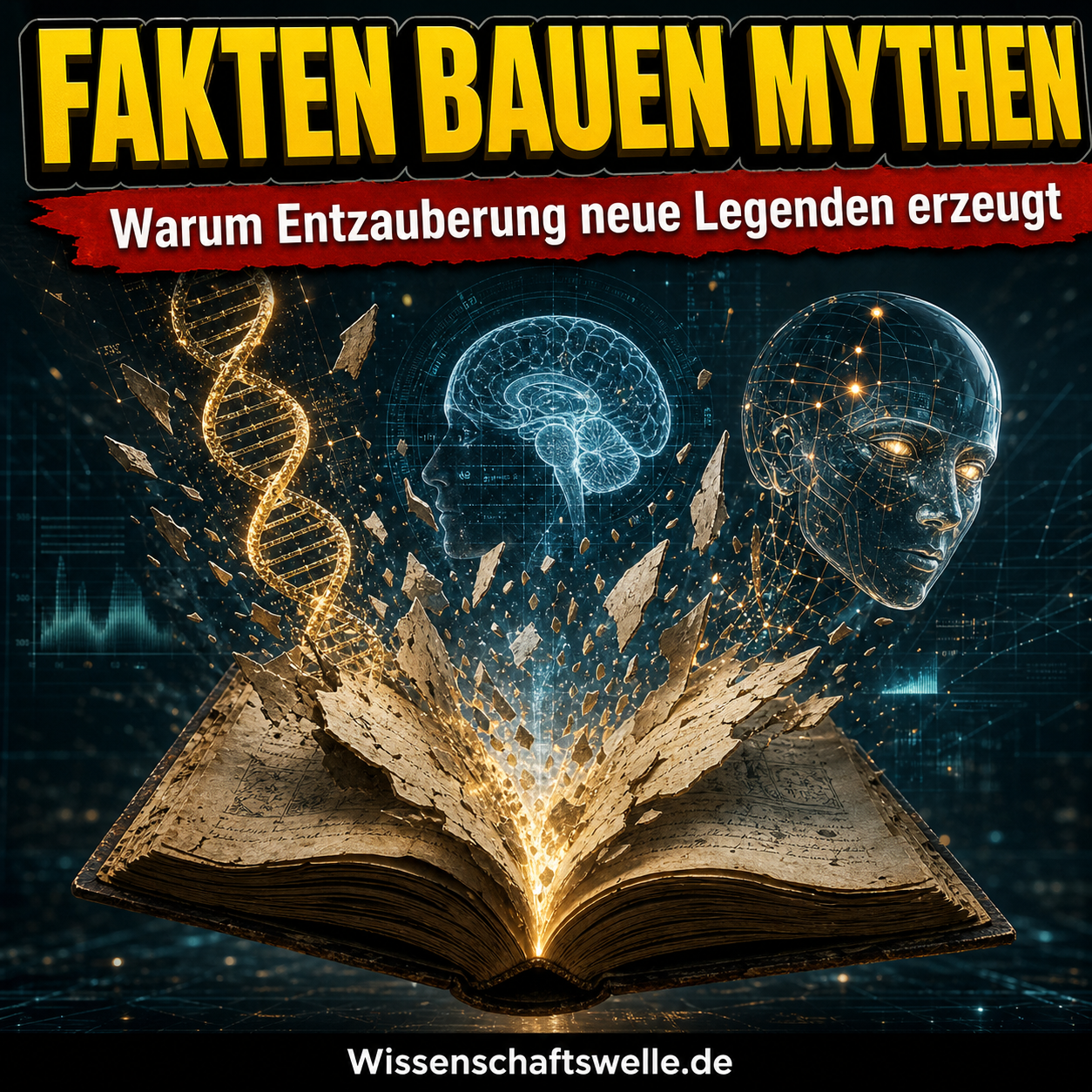 Ein altes, aufbrechendes Buch, aus dem eine leuchtende DNA-Helix, ein Gehirnscan und ein futuristischer KI-Kopf aufsteigen.