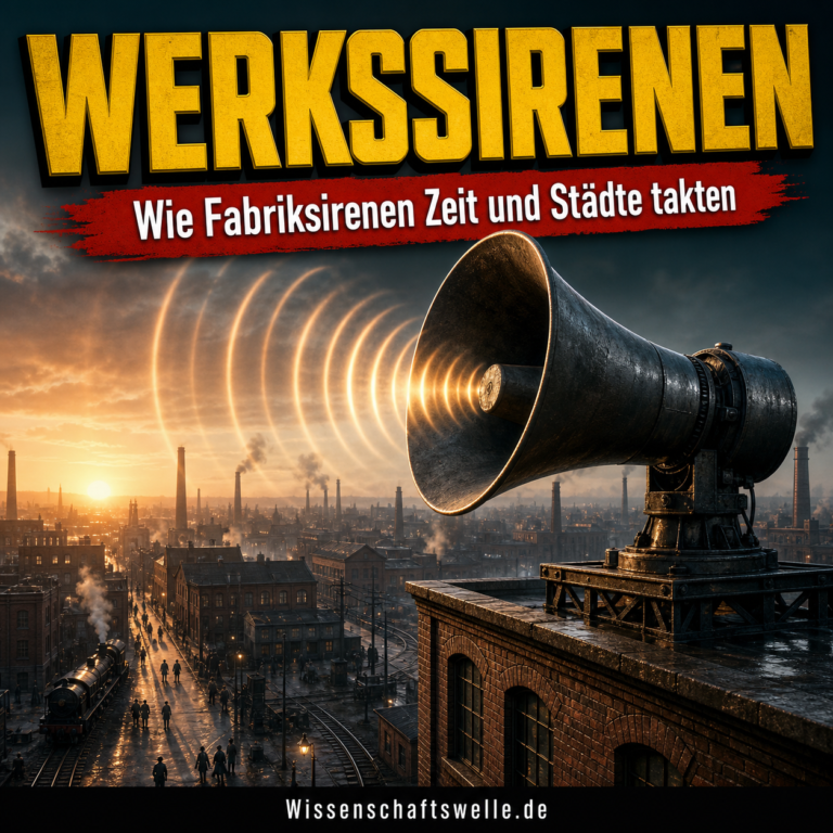 Dramatische Werkssirene auf einem Fabrikdach über einer Industriestadt bei Sonnenaufgang; sichtbare Schallwellen ziehen über Schornsteine, Straßen und Arbeiterwege.