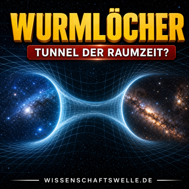 Wissenschaftswelle-Cover mit gelber Überschrift Wie funktionieren Wurmlöcher, rotem Banner und einer gekrümmten Raumzeitbrücke zwischen zwei Sternfeldern.