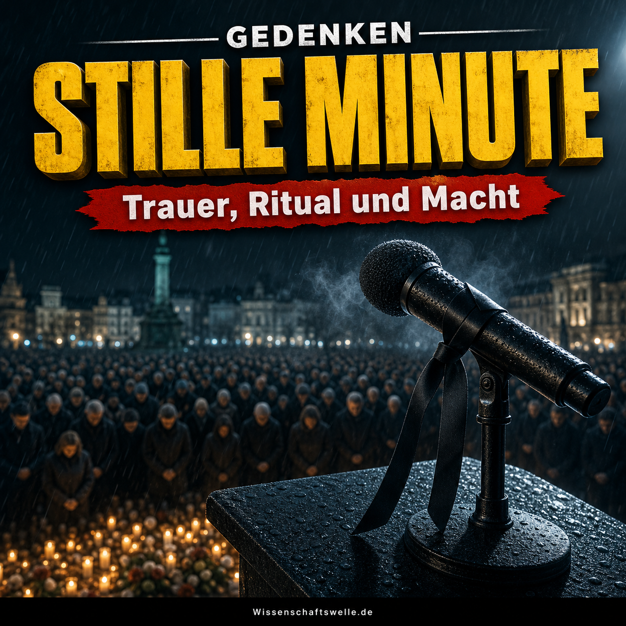 Quadratisches Cover mit einem schwarzen Mikrofon samt Trauerband auf einem regennassen Podium vor einer schweigenden Menschenmenge und Kerzenlicht. Darüber stehen die gelbe Überschrift „STILLE MINUTE“ und das rote Banner „Trauer, Ritual und Macht“.