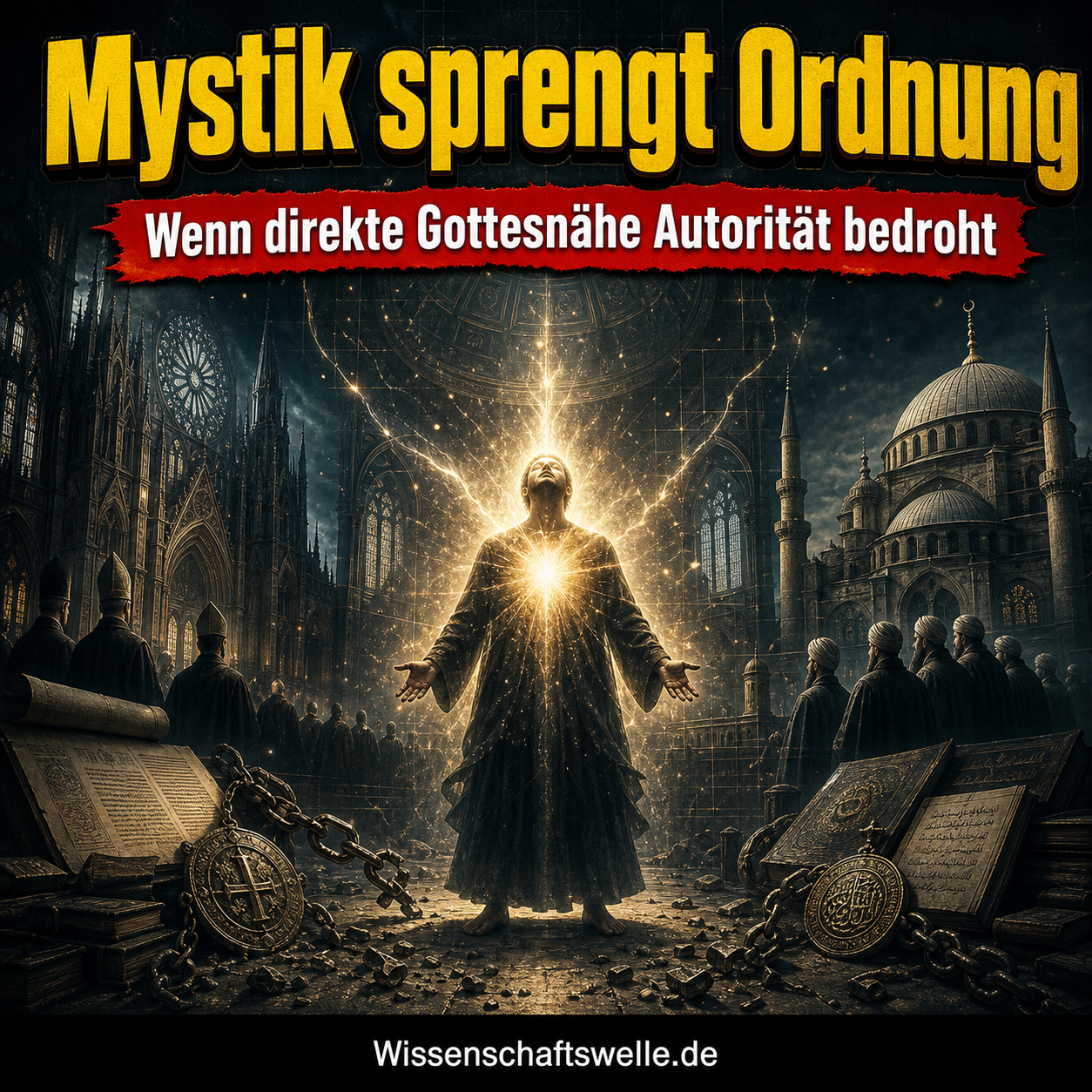 Leuchtende zentrale Gestalt zwischen kirchlicher und islamischer Architektur, umgeben von Schriften, Siegeln und zerbrochenen Ketten als Bild für Machtkonflikte rund um Mystik.