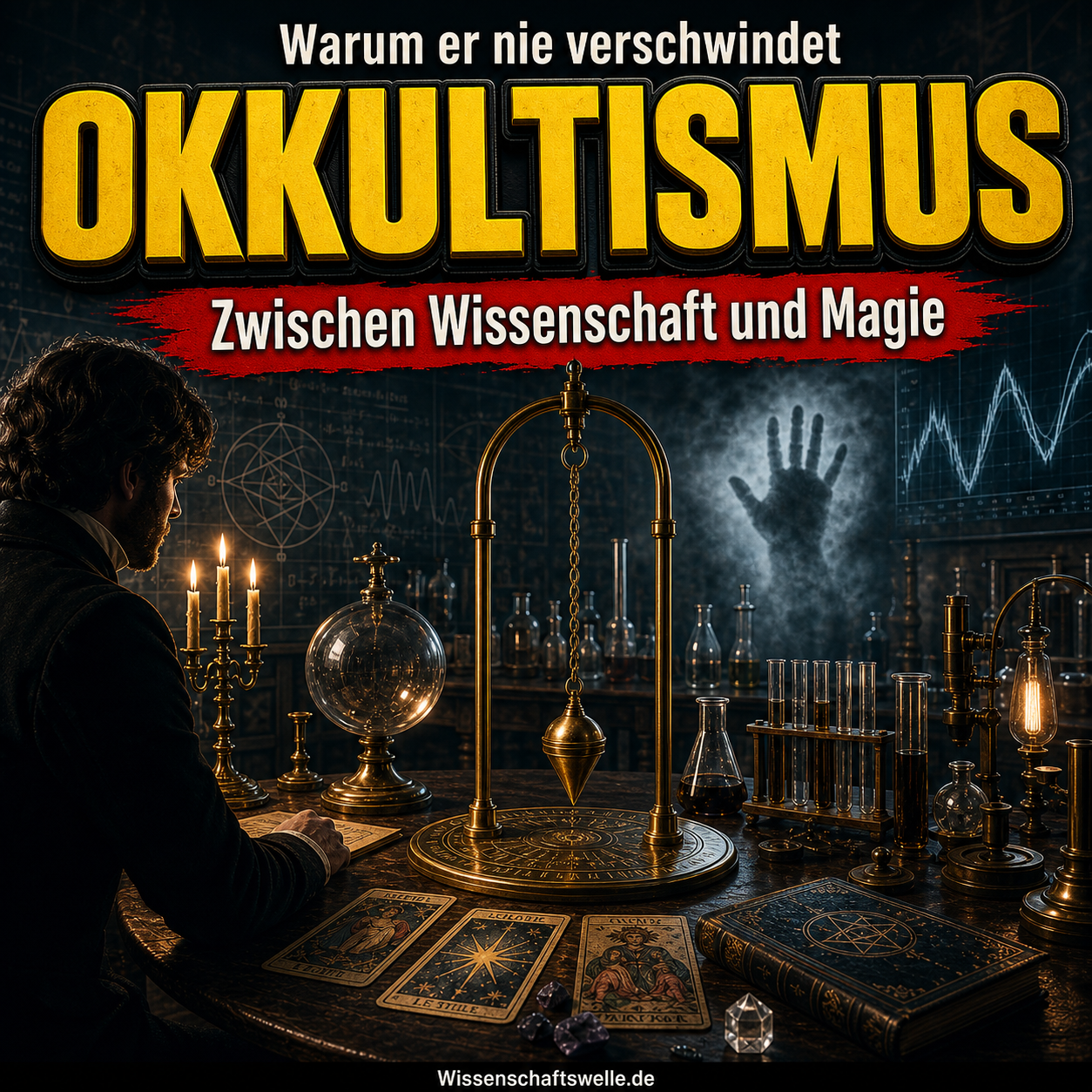 Quadratisches Cover mit einer geheimnisvoll beleuchteten Séance-Szene zwischen Laborästhetik und Ritualsymbolik, gelber Überschrift zum Okkultismus und rotem Banner über dem Spannungsfeld von Wissenschaft und Magie.