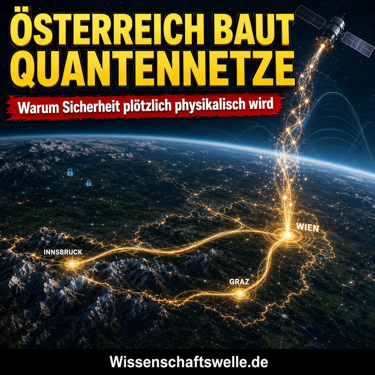 Quadratisches Cover mit einer nächtlichen Ansicht Österreichs, leuchtenden Verbindungen zwischen Wien, Graz und Innsbruck sowie einem Satelliten über dem Land; darüber die gelbe Überschrift „Österreich baut Quantennetze“ und ein rotes Banner mit „Warum Sicherheit plötzlich physikalisch wird“.