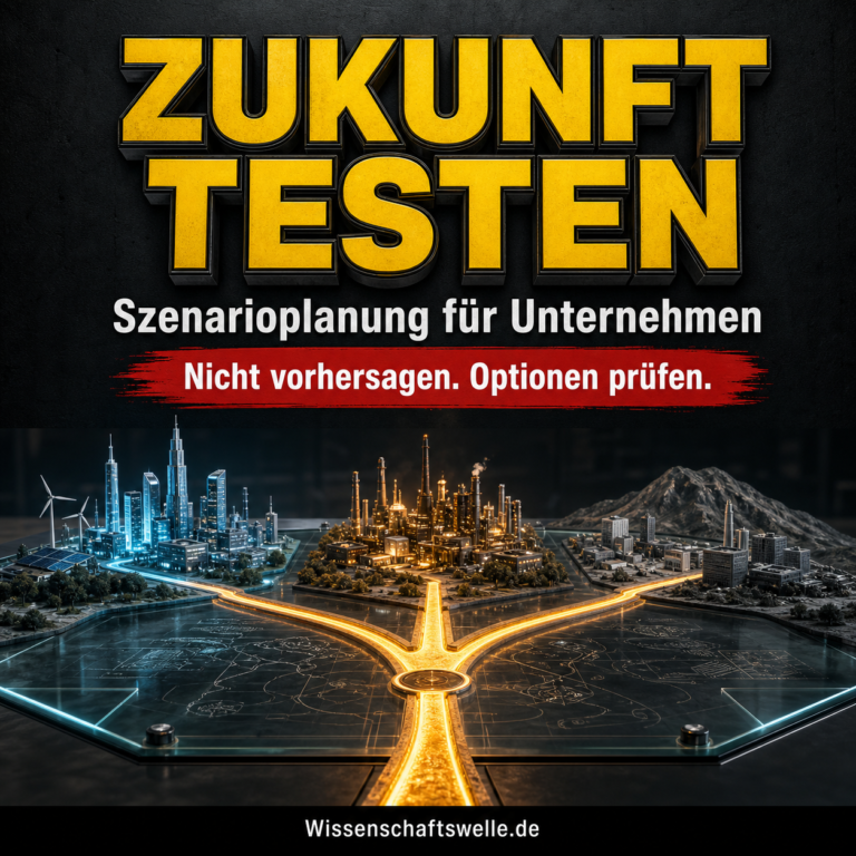 Leuchtende Entscheidungslinien verzweigen sich auf einer dunklen Glasplatte in drei unterschiedliche Stadthorizonte; darüber steht Zukunft testen.