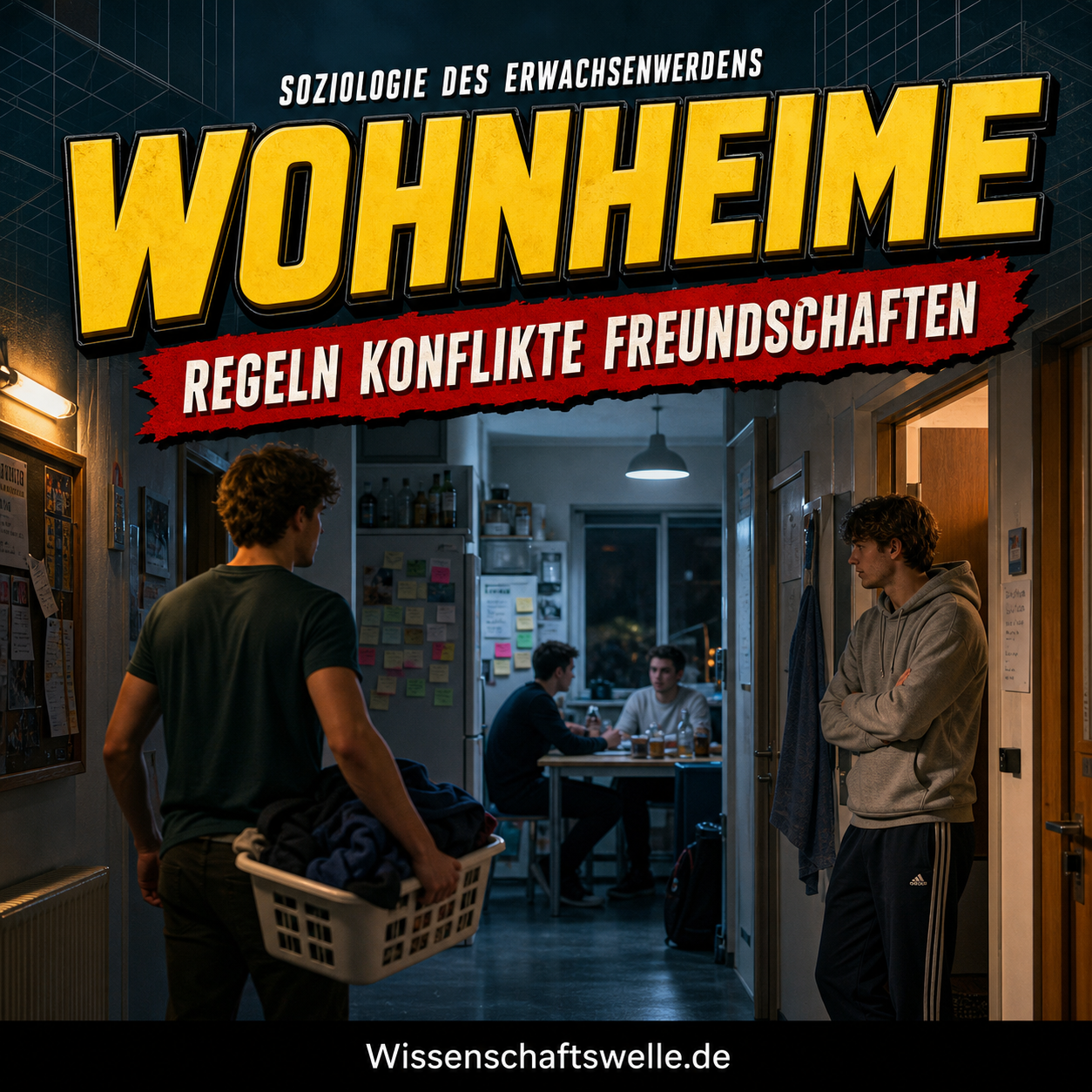 Ein enger Wohnheimflur mit offenen Türen, gemeinsamer Küche und jungen Erwachsenen zwischen Rückzug und Begegnung; darüber eine große gelbe Headline zu Wohnheimen als sozialem Übergangsraum.