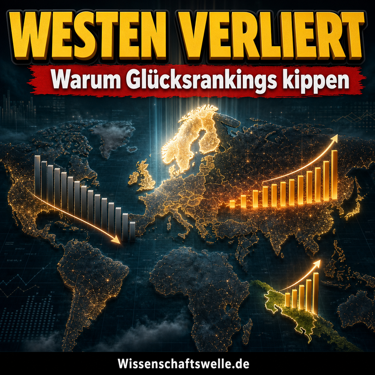 Quadratisches Wissenschaftswelle-Cover mit leuchtender Weltkarte, aufsteigenden und fallenden Rangbalken, großer gelber Überschrift zum Happiness Report 2026 und rotem Banner über den westlichen Abstieg im Ranking.