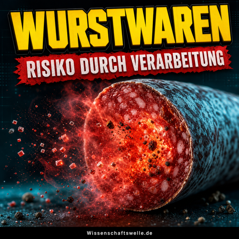Anschnitt einer Salami, aus dem rote Rauch- und Partikelwolken austreten; darüber die gelbe Headline WURSTWAREN und das rote Banner RISIKO DURCH VERARBEITUNG.
