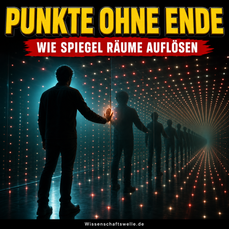 Eine menschliche Silhouette löst sich in einem dunklen Spiegelraum optisch in endlos wiederholte Lichtpunkte auf.