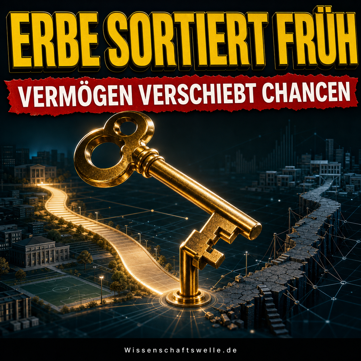 Ein übergroßer goldener Schlüssel hebt beim Drehen eine Route aus einem dunklen Stadt- und Bildungsraster an, während eine zweite Route steiler bleibt.