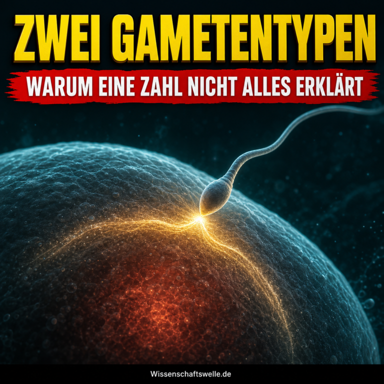 Eine leuchtende Eizelle und ein einzelnes Spermium treffen sich in einer dunklen, teal-farbenen Zelllandschaft unter der Überschrift Zwei Gametentypen.