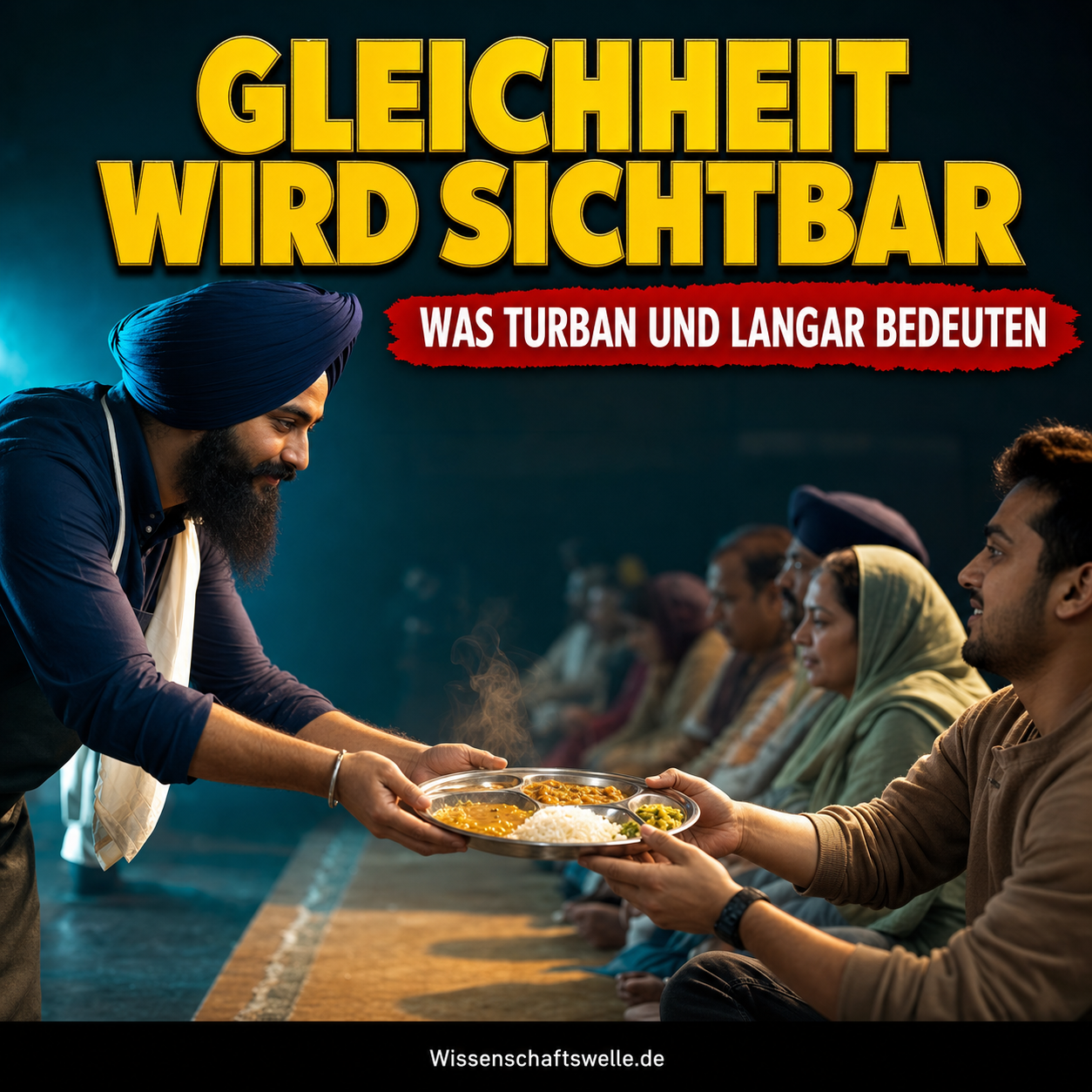 Ein Sikh mit dunkelblauem Turban reicht einem sitzenden Besucher auf gleicher Höhe einen dampfenden Stahlteller mit vegetarischem Langar unter der Überschrift Gleichheit wird sichtbar.