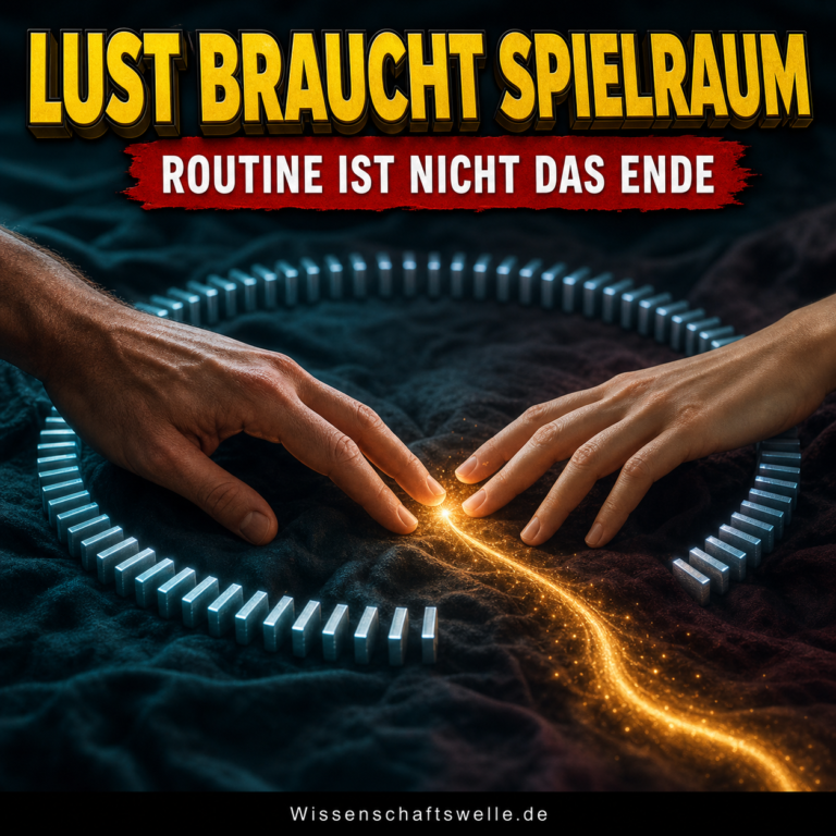 Zwei erwachsene Hände durchbrechen über dunklem Stoff eine starre Schleife aus wiederkehrenden Linien und berühren sich im warmen Licht unter der Überschrift Lust braucht Spielraum.