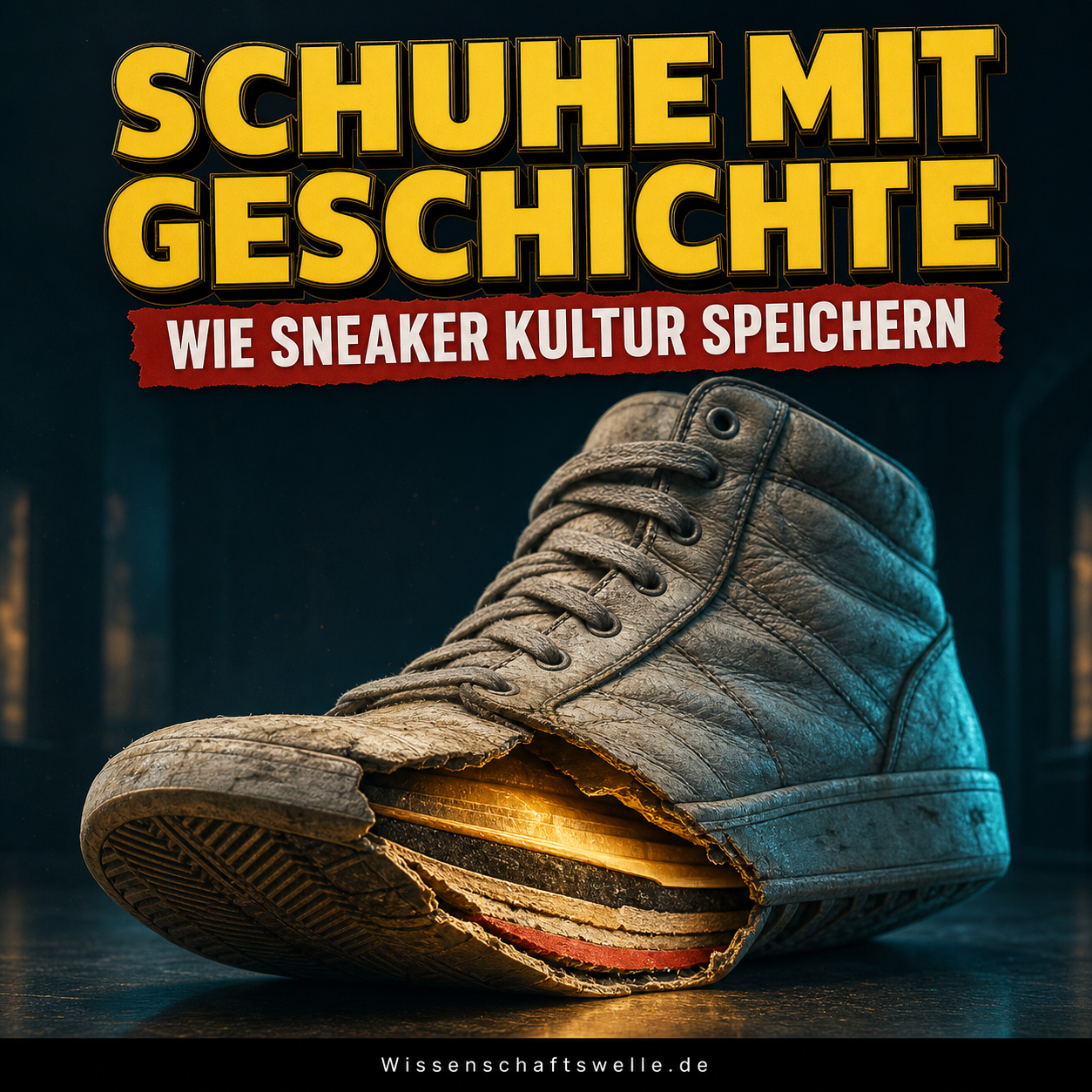 Ein aufbrechender, sichtbar getragener High-Top-Sneaker zeigt leuchtende Materialschichten als Spuren von Sport, Straße und Erinnerung.