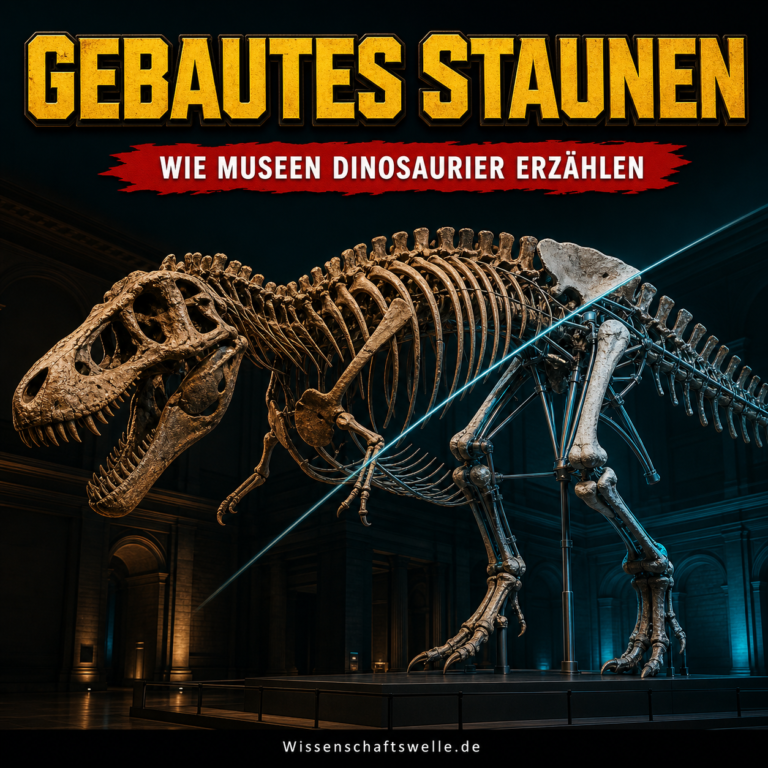 Montiertes T.-rex-Skelett im dunklen Museum, dessen leuchtende Schnittkante Stahlträger und Rekonstruktion sichtbar macht.