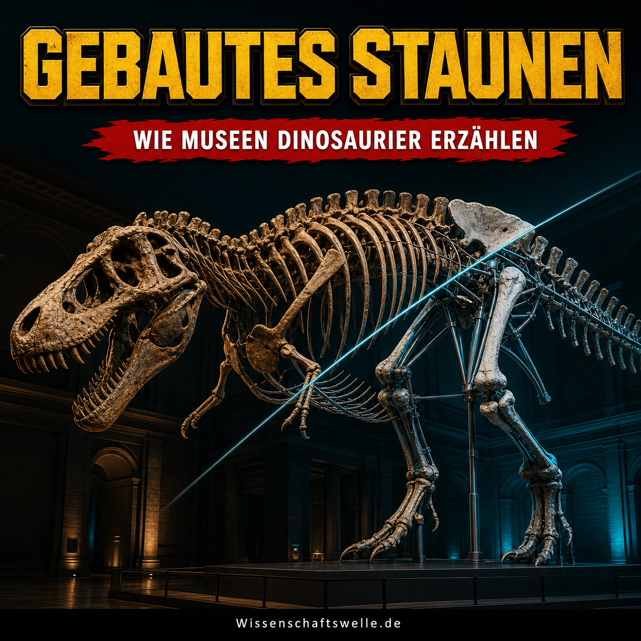 Montiertes T.-rex-Skelett im dunklen Museum, dessen leuchtende Schnittkante Stahlträger und Rekonstruktion sichtbar macht.
