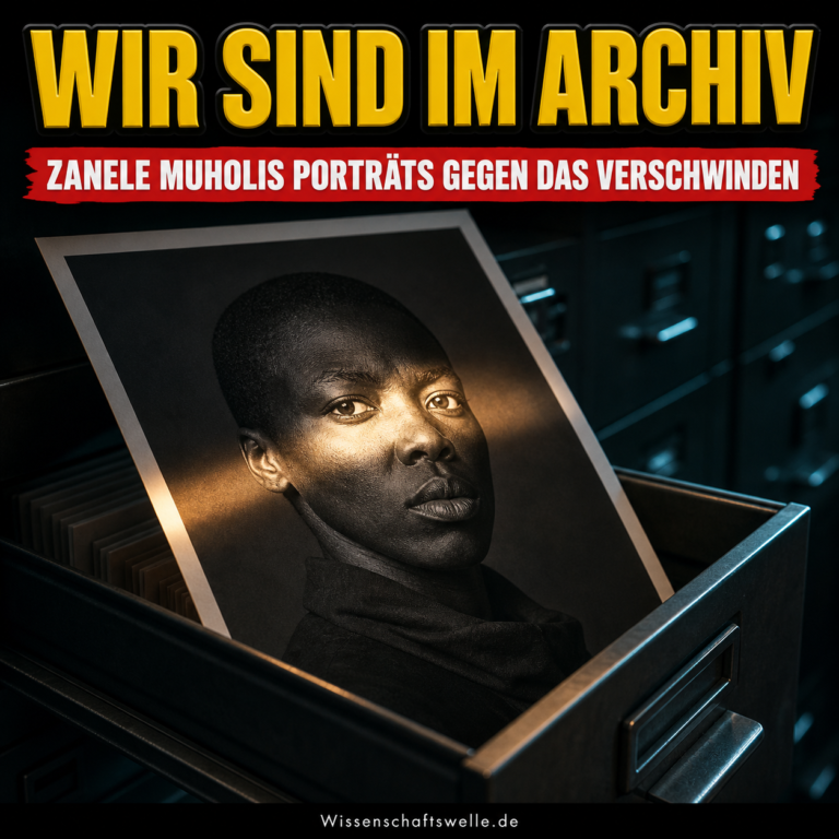 Wissenschaftswelle-Cover mit einem fiktiven Schwarz-Weiß-Porträt, das in ein leuchtendes Archivfach geschoben wird.