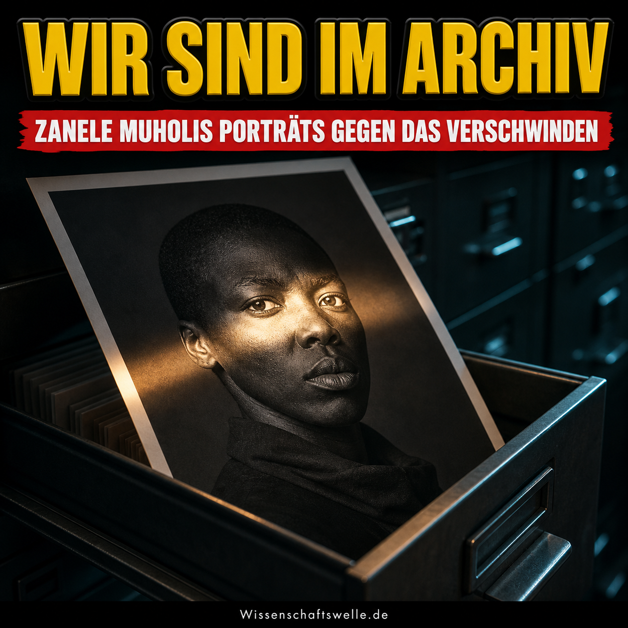 Wissenschaftswelle-Cover mit einem fiktiven Schwarz-Weiß-Porträt, das in ein leuchtendes Archivfach geschoben wird.