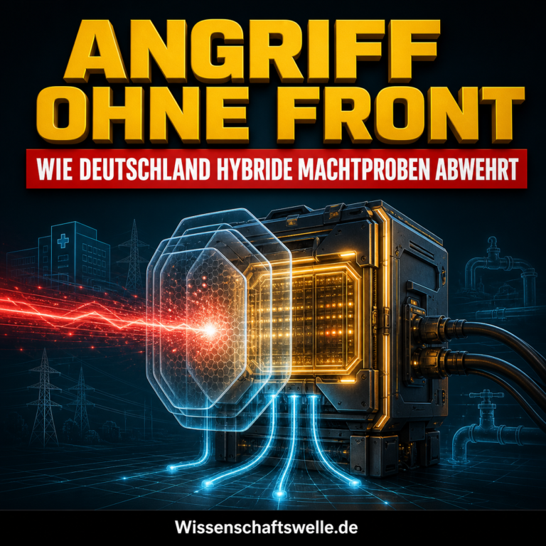 Wissenschaftswelle-Cover mit einem geschützten Infrastrukturknoten, an dem ein roter Angriffspuls kontrolliert abgeleitet wird.