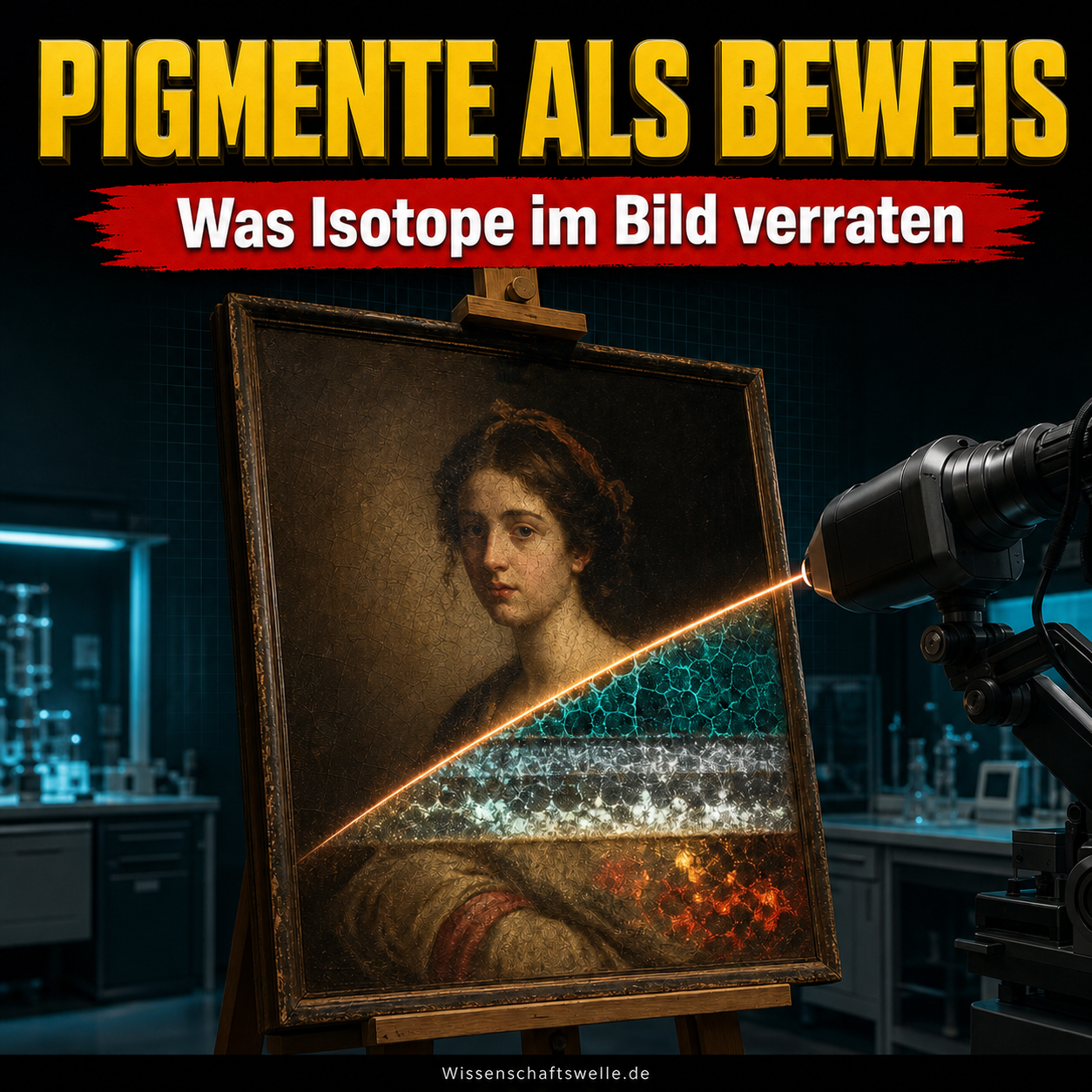 Ein Scanstrahl legt in einem historischen Gemälde leuchtende Pigmentschichten frei; darüber steht Pigmente als Beweis.