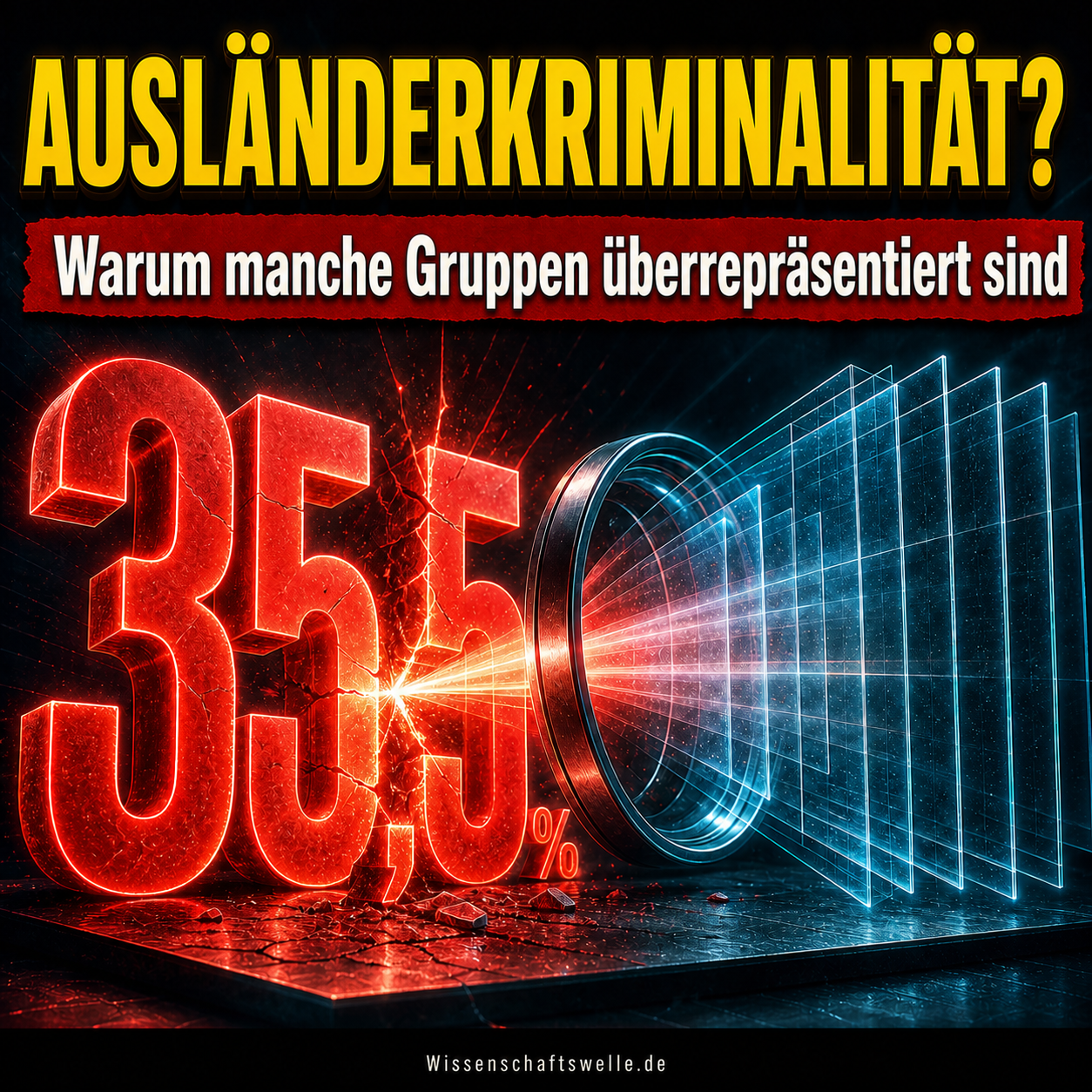 Wissenschaftswelle-Cover zur Ausländerkriminalität mit einer zerbrechenden roten 35,5-Prozent-Zahl, die eine analytische Linse in mehrere statistische Schichten auffächert.