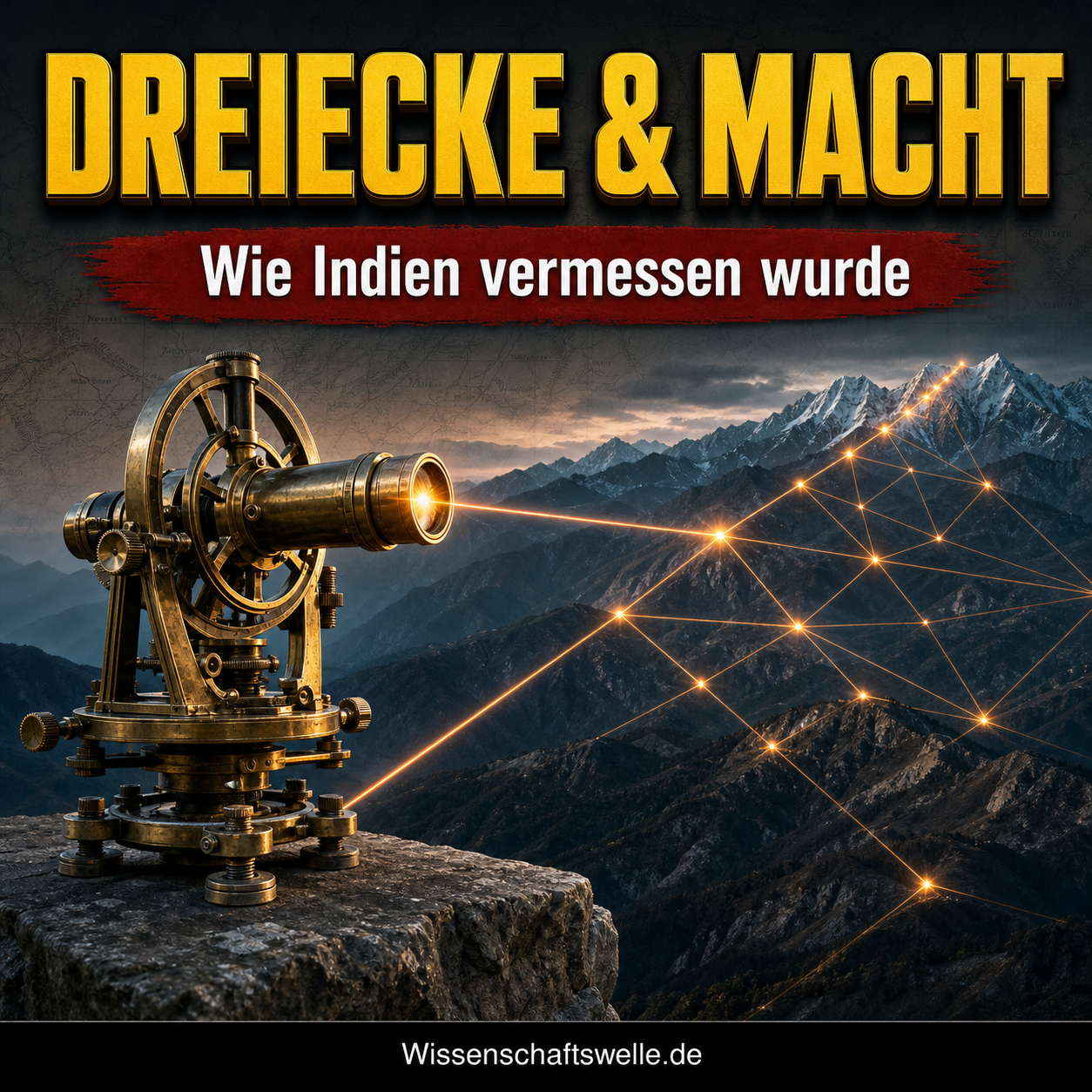 Wissenschaftswelle-Cover zur Great Trigonometrical Survey: Ein großer Mess-Theodolit sendet ein leuchtendes Dreiecksnetz über Himalaya-Kämme und eine historische Karte.