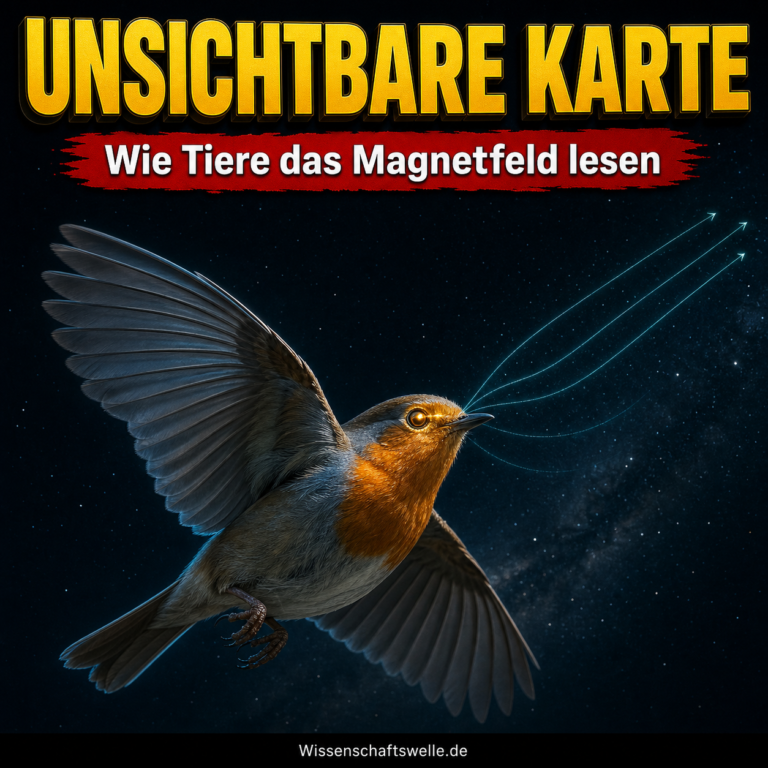 Wissenschaftswelle-Cover zur Magnetwahrnehmung: Ein Rotkehlchen fliegt nachts durch sichtbare Magnetfeldlinien, die sich aus seinem leuchtenden Auge über einen dunklen Himmel ausbreiten.