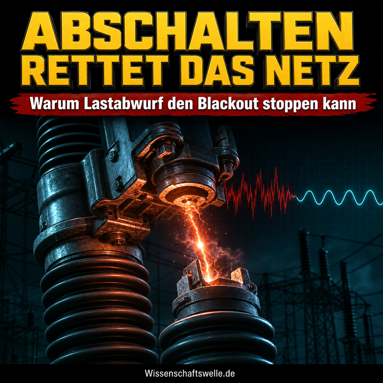 Wissenschaftswelle-Cover zum Lastabwurf: Ein Hochspannungs-Leistungsschalter öffnet unter einem kontrollierten Lichtbogen, während sich eine rote Störkurve zu einer stabilen tealblauen Netzfrequenz beruhigt.