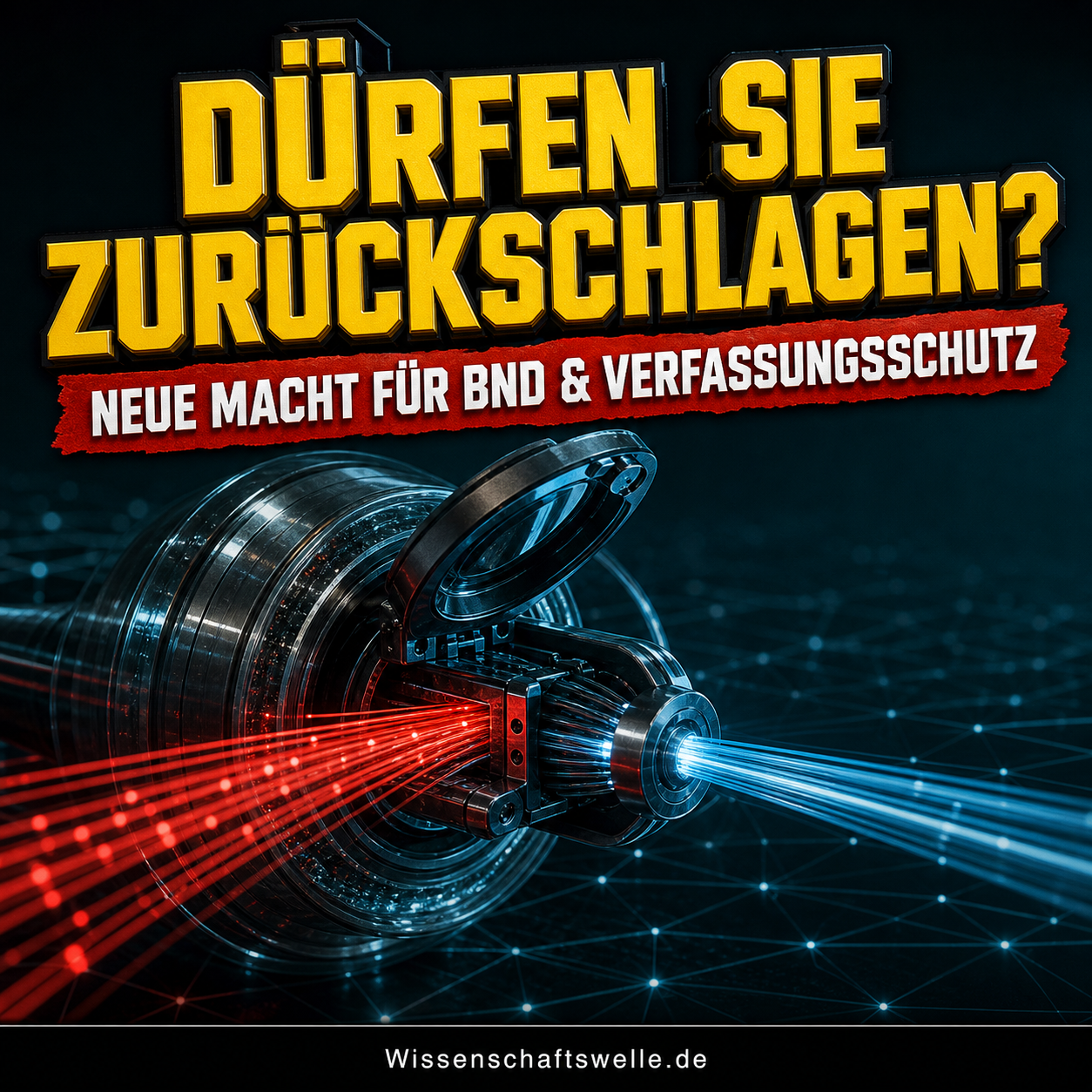 Dunkler digitaler Datenknoten lenkt einen roten Angriffsstrom in einen blauen Gegenimpuls um; darüber die Frage: Dürfen sie zurückschlagen?