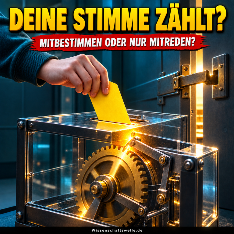Gelbe Stimmkarte setzt in einer transparenten Schul-Wahlbox ein Messingzahnrad in Bewegung; darüber steht: Deine Stimme zählt?
