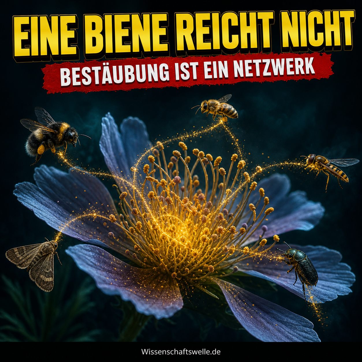 Leuchtende Wildblüte zeigt Pollenverbindungen zu mehreren Bestäubergruppen; darüber steht: Eine Biene reicht nicht.
