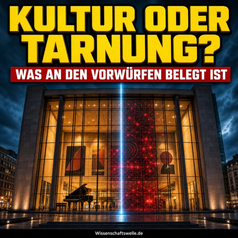 Ein blauer Scanstreifen überquert die Glasfassade eines Kulturhauses und legt ein rotes Signalnetz frei; darüber steht: Kultur oder Tarnung?
