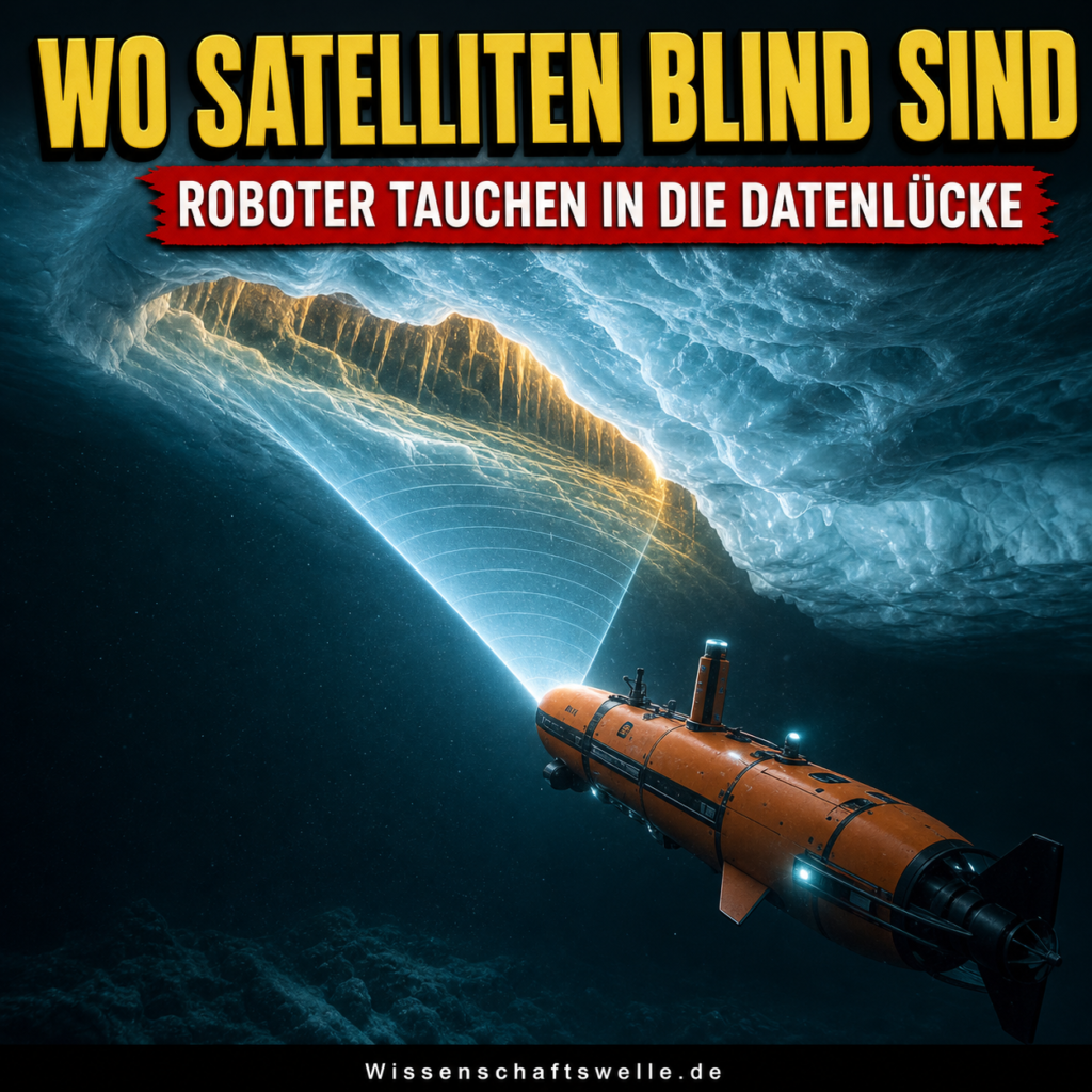Ein orangefarbener Unterwasserroboter scannt mit einem hellen Sonarfächer die zerklüftete Unterseite eines Eisschelfs; darüber steht: Wo Satelliten blind sind.