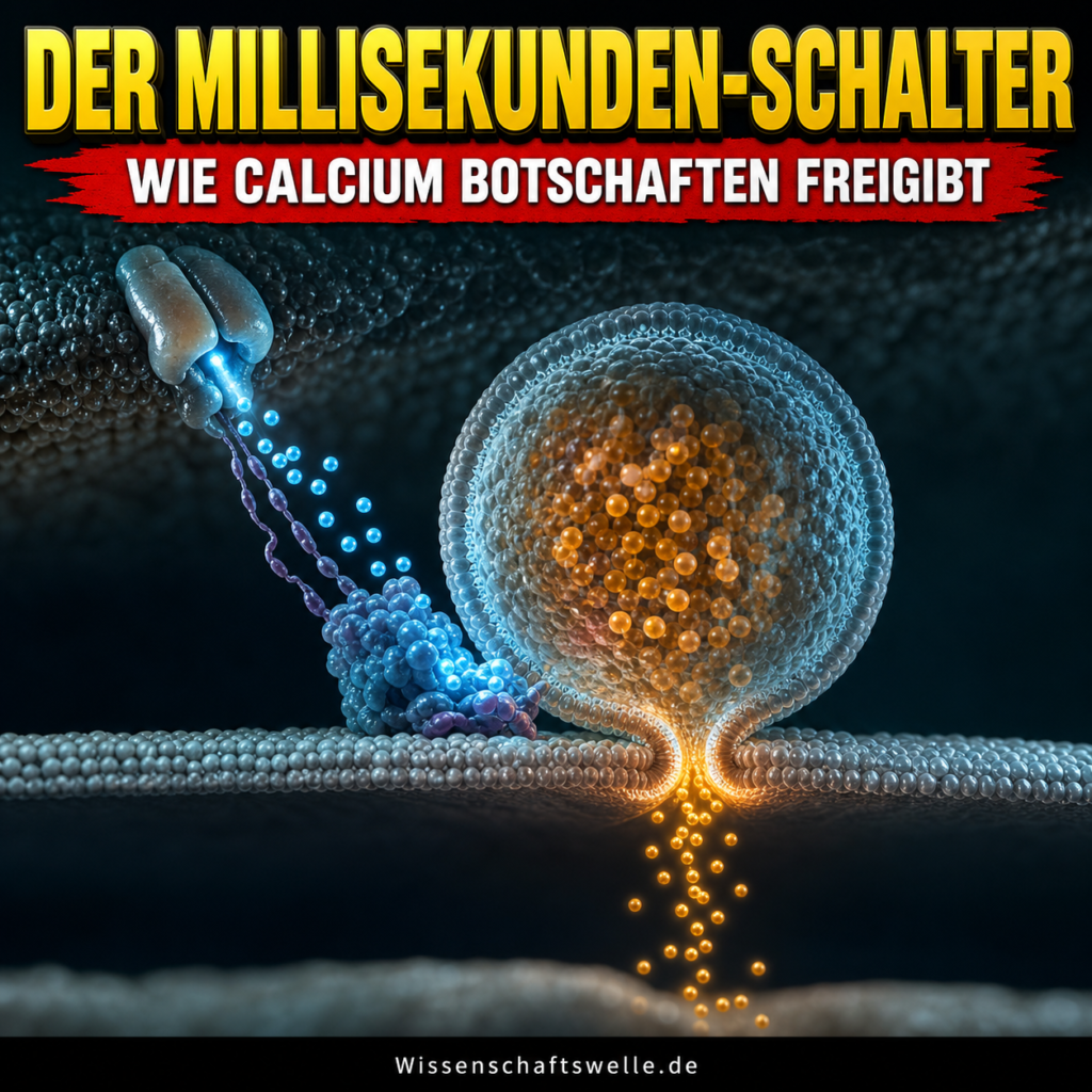 Ein synaptisches Vesikel öffnet im blauen Calciumblitz eine Pore zur Zellmembran und setzt goldene Botenstoffpunkte frei; darüber steht: Der Millisekunden-Schalter.
