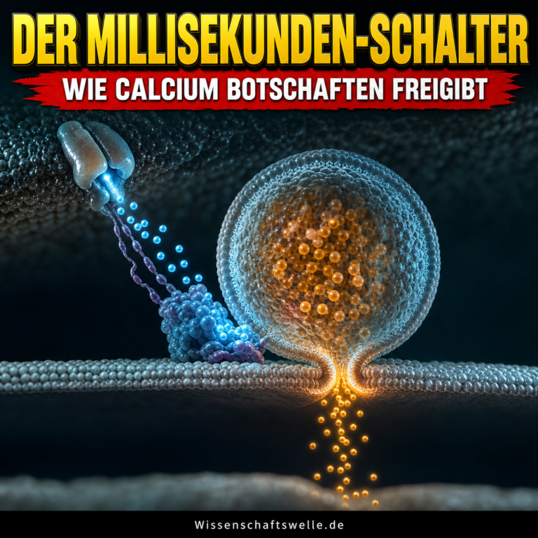 Ein synaptisches Vesikel öffnet im blauen Calciumblitz eine Pore zur Zellmembran und setzt goldene Botenstoffpunkte frei; darüber steht: Der Millisekunden-Schalter.