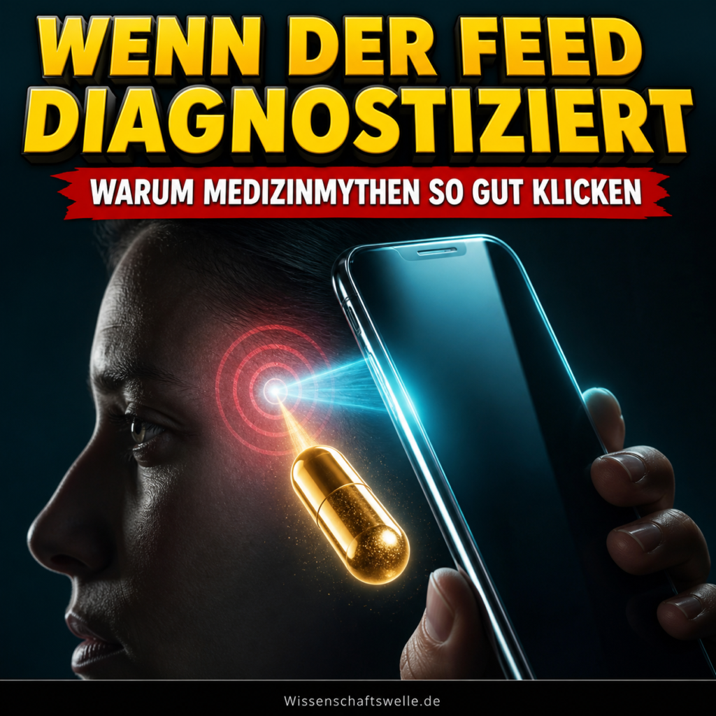 Ein Smartphone scannt ein menschliches Gesicht; ein diffuses Körpersignal verdichtet sich zu einem roten Diagnoseziel und einer goldenen Kapsel. Darüber steht: Wenn der Feed diagnostiziert.