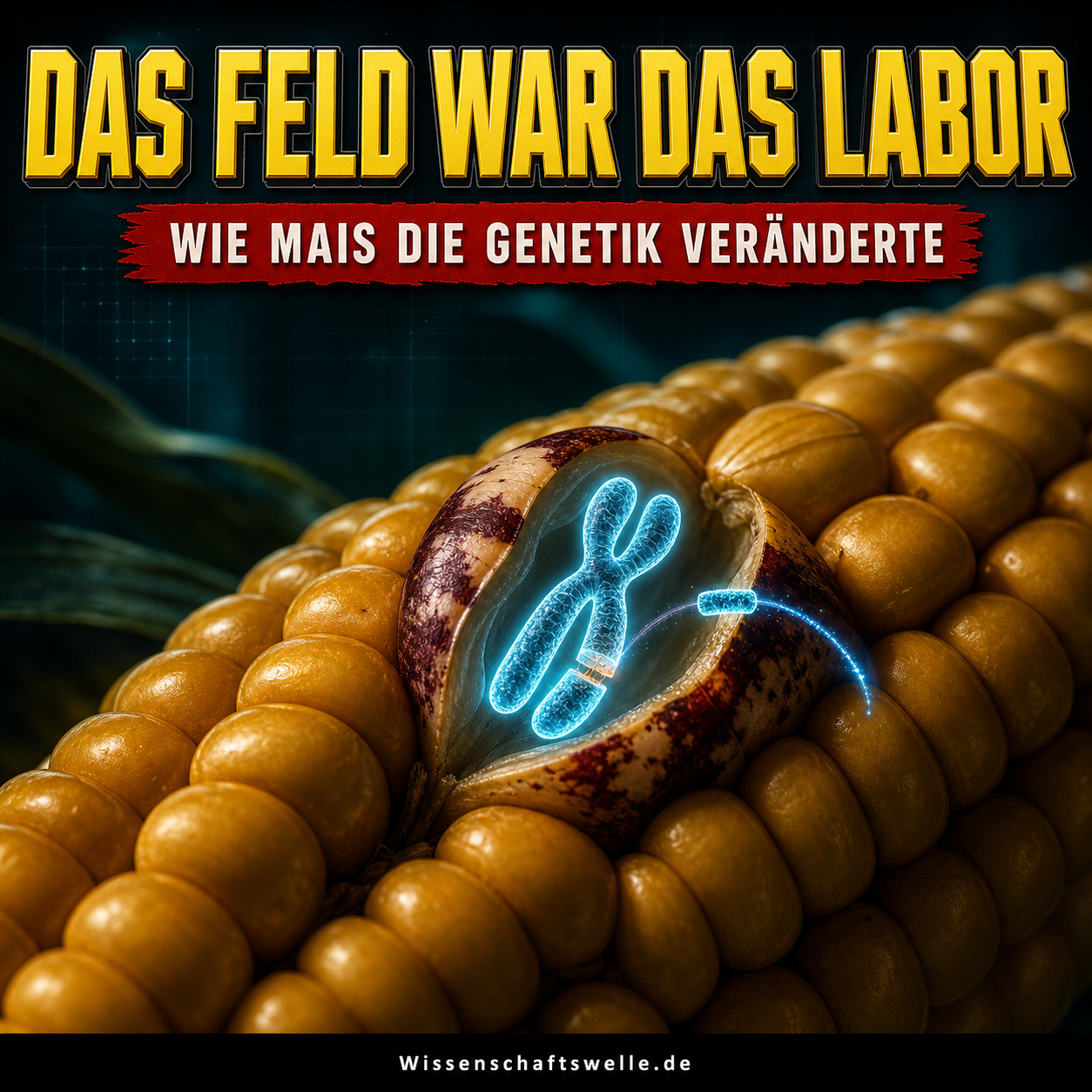 Ein goldener Maiskolben mit einem gesprenkelten Korn, das ein leuchtendes Chromosom sichtbar macht. Darüber steht: Das Feld war das Labor.