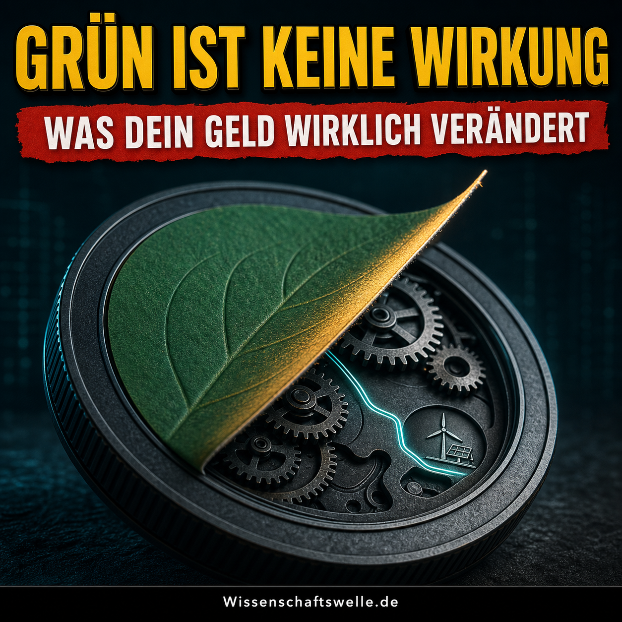 Ein grünes Blatt-Etikett löst sich von einer dunklen Investment-Münze und legt die Mechanik darunter frei. Darüber steht: Grün ist keine Wirkung.