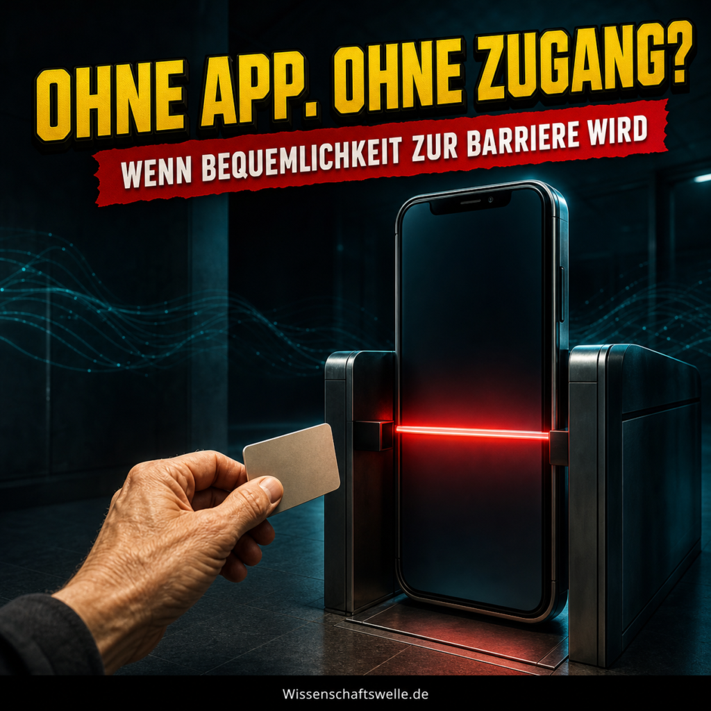 Ein übergroßes Smartphone wird zur geschlossenen Zugangsschranke vor einer älteren Hand mit Bankkarte. Darüber steht: Ohne App. Ohne Zugang?