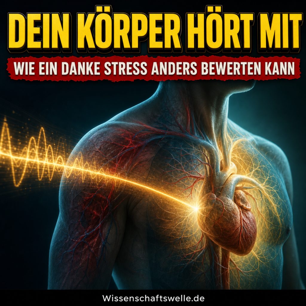 Ein leuchtendes Herz im menschlichen Brustkorb reagiert auf eine warme Schallwelle. Darüber steht: Dein Körper hört mit.