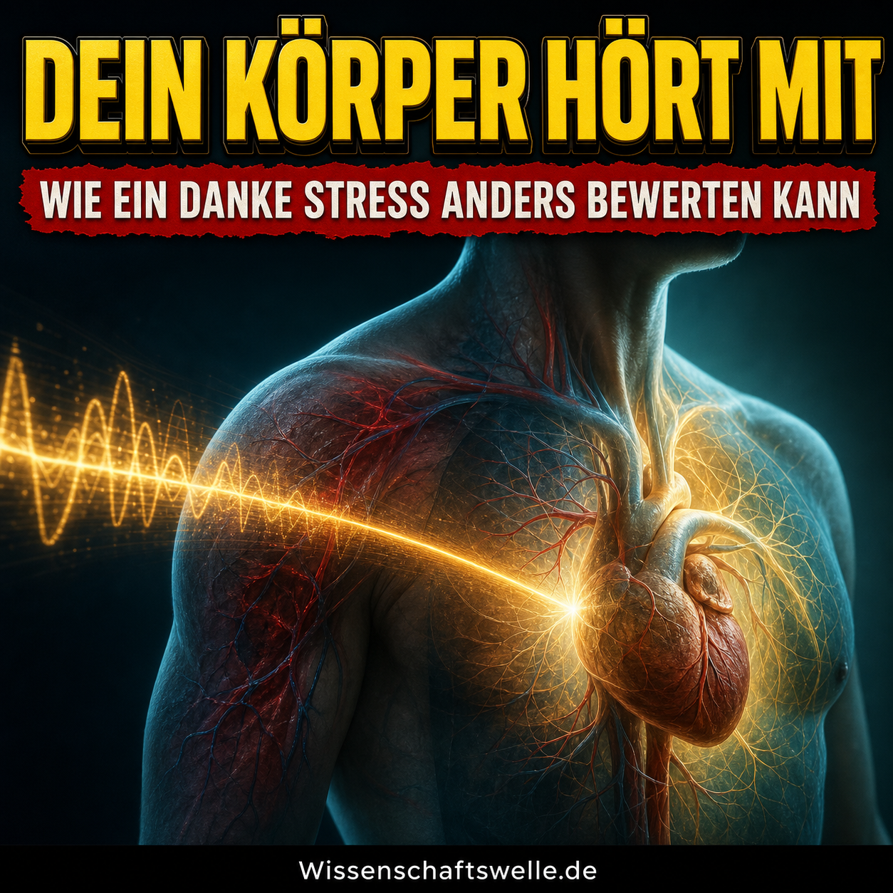 Ein leuchtendes Herz im menschlichen Brustkorb reagiert auf eine warme Schallwelle. Darüber steht: Dein Körper hört mit.