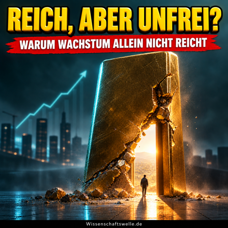 Ein monumentaler Goldbarren bricht zu einer leuchtenden Tür auf. Darüber steht: Reich, aber unfrei?