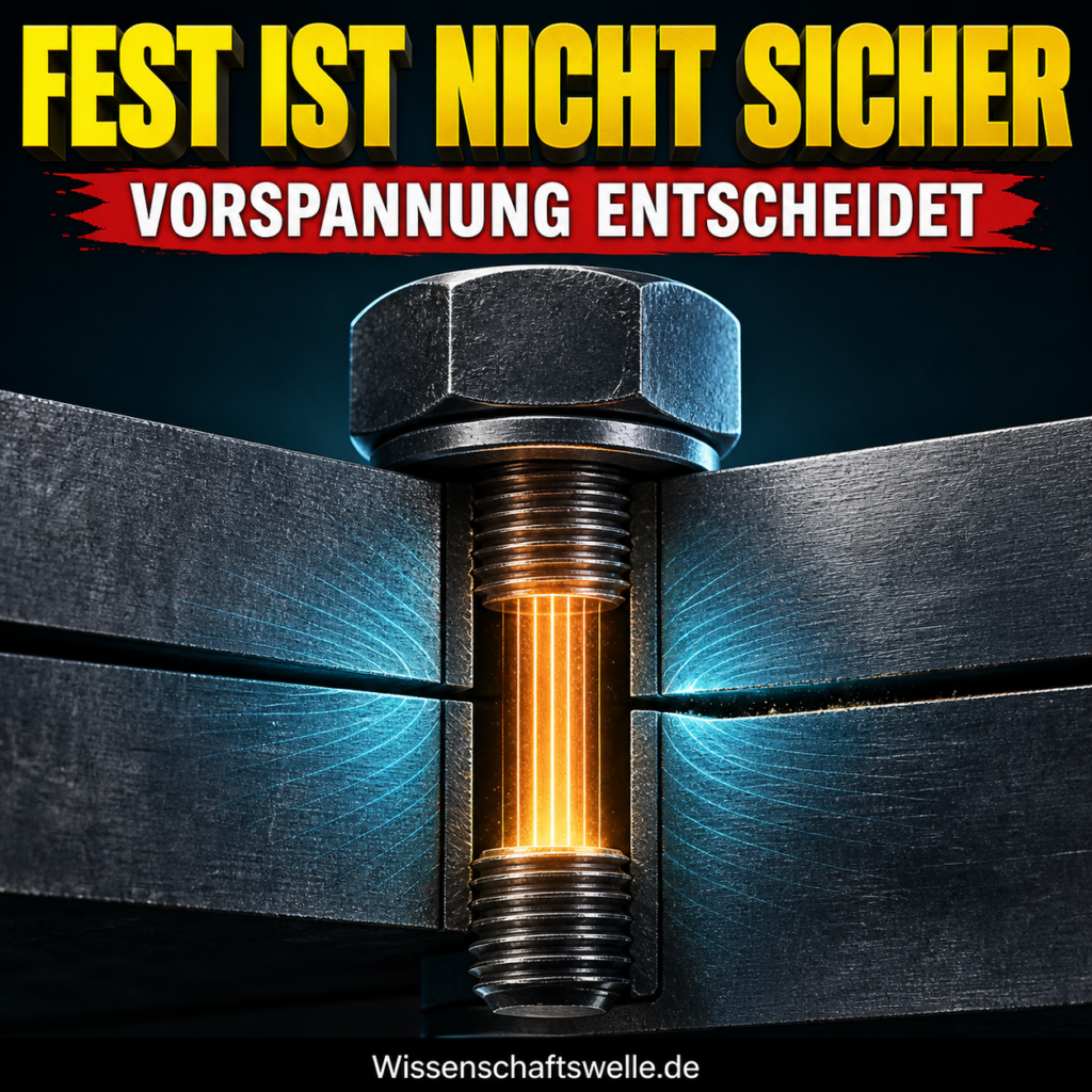 Eine große Stahlschraube verspannt zwei Metallplatten; im Schaft wird die unsichtbare Vorspannung sichtbar. Darüber steht: Fest ist nicht sicher.