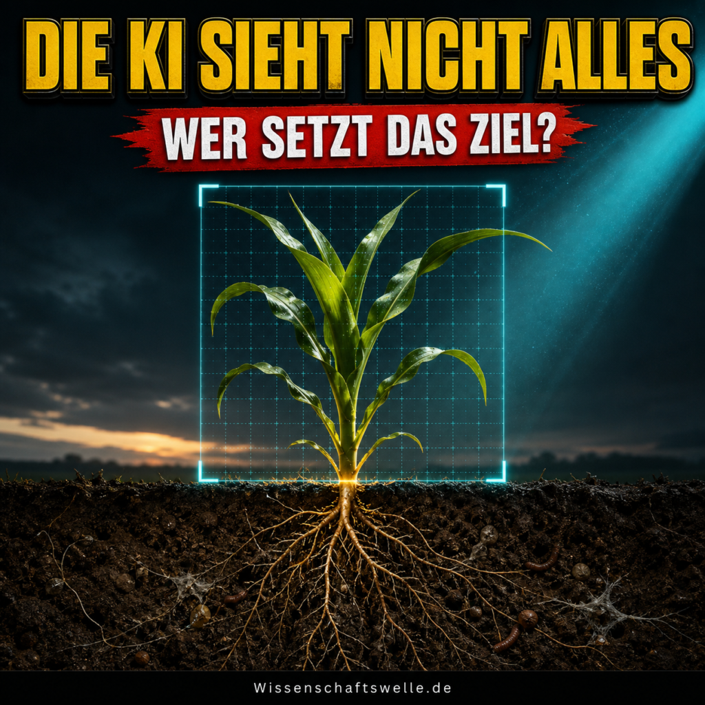 Eine Maispflanze wird von einem digitalen Raster erfasst, während Wurzeln und Bodenleben außerhalb des Messfelds bleiben. Darüber steht: Die KI sieht nicht alles.