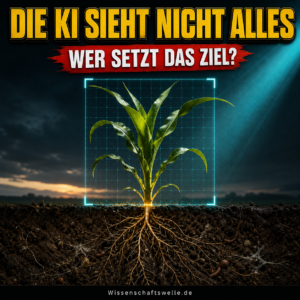 Eine Maispflanze wird von einem digitalen Raster erfasst, während Wurzeln und Bodenleben außerhalb des Messfelds bleiben. Darüber steht: Die KI sieht nicht alles.