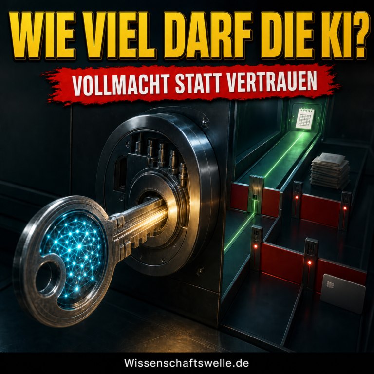 KI-generiertes Symbolbild: Ein digitaler Schlüssel öffnet genau einen grünen Zugang, während weitere Wege rot gesperrt bleiben. Darüber steht: Wie viel darf die KI?